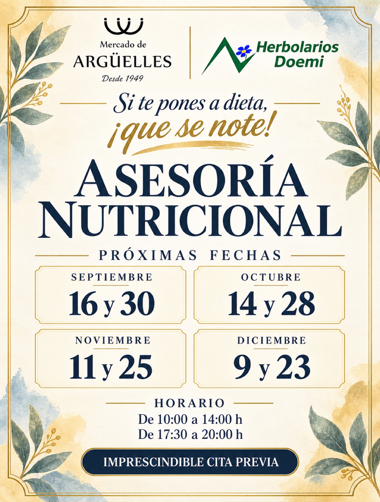 Cartel de asesoría nutricional de Herbolarios Doemi, de septiembre a diciembre de 2026, con cita previa